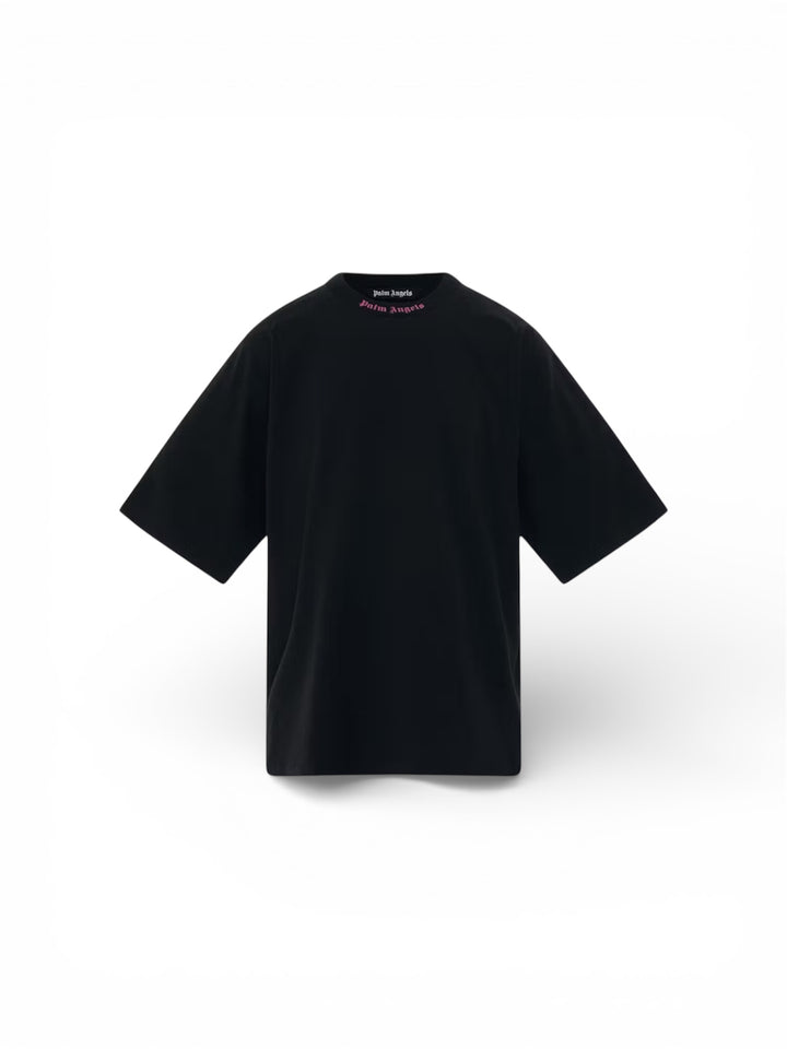 Palm Angels Doble Logo Sobre Camiseta Negro/Fuschia