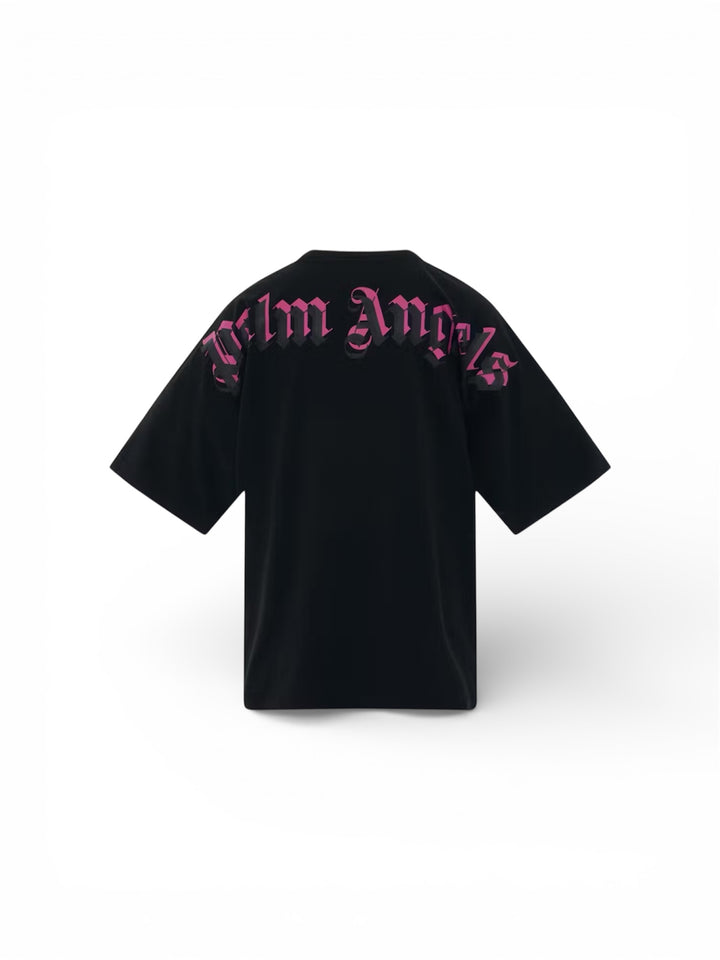 Palm Angels Doble Logo Sobre Camiseta Negro/Fuschia